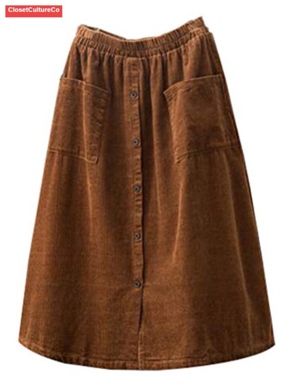 Corduroy Midi Skirt Front Button Split A-Line Casual Office Wear